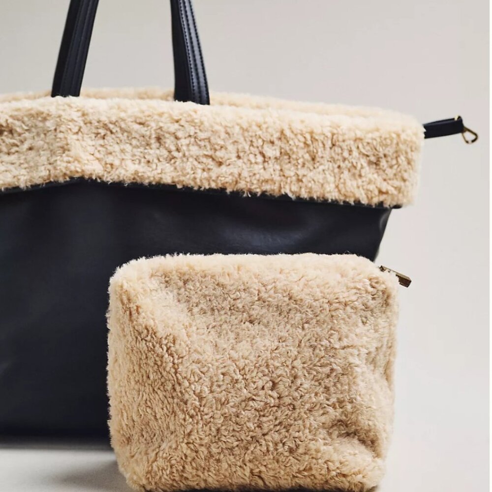 Anthropologie Reversible Sherpa Fleece Tote - Black - NWT